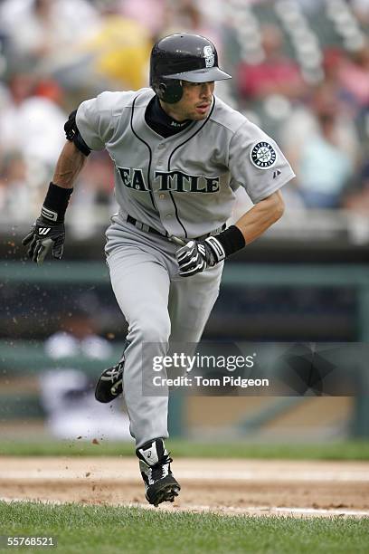 Ichiro Suzuki of the Seattle Mariners runs from the batters box on a two base hit in the fourth inning against the Detroit Tigers on September 25,...