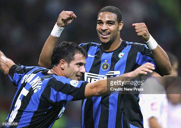 Adriano and Dejan Stankovic of Inter celebrate a goal during the Serie A match between Inter Milan and Fiorentina at the San Siro Stadium on...