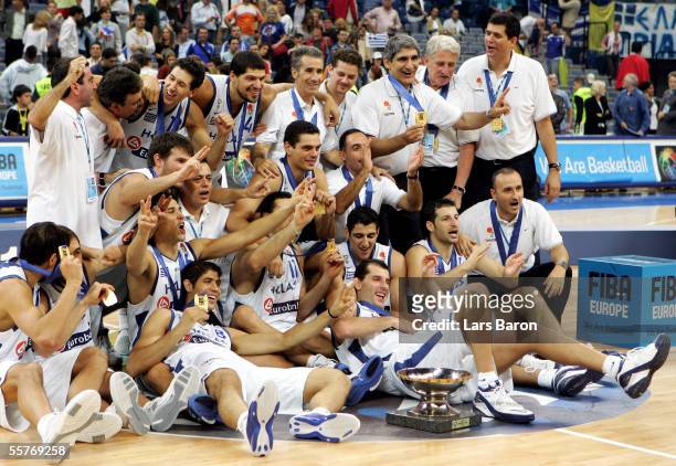 The players of Greece pose with the cup after winning the FIBA EuroBasket 2005 final match between Greece and Germany on September 25, 2005 in...