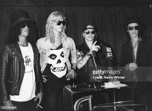 The band 'Guns N' Roses', Slash, Duff McKagan, Axl Rose and Izzy Stradlin, at a press conference announcing the finalists for the MTV Video Music...