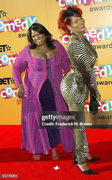 Actresses Thea Vidale and Flame Monroe arrive at the 2005 BET Comedy Icon Awards at the Pasadena Civic Auditorium on September 25, 2005 in Pasadena,...