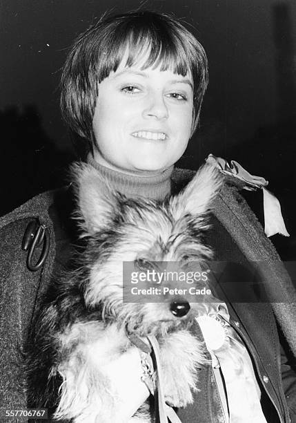 Lady Jane Wellesley and her dog Napoleon arriving to vote in the general election, at Gilstead Road, Fulham, October 20th 1974.