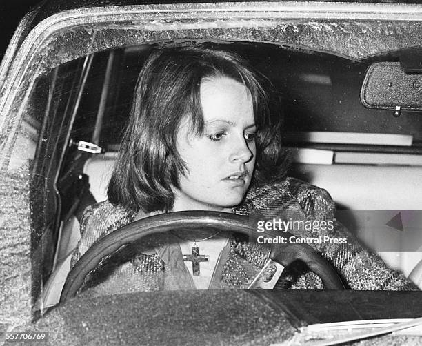Lady Jane Wellesley in her car, arriving home from Sandringham after meeting Prince Charles, Fulham, London, January 1st 1974.