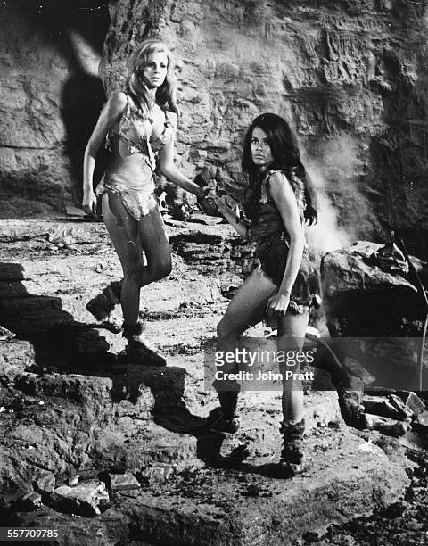 Actors Raquel Welch and Martine Beswick in a scene from the film 'One Million Years BC', 1966.