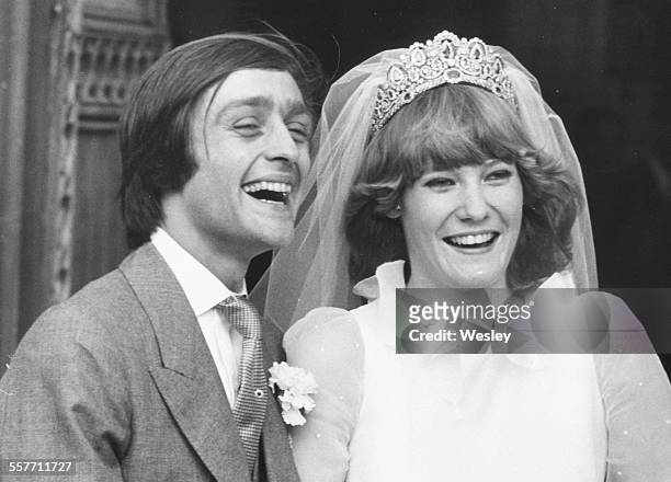 Gerald Grosvenor, 6th Duke of Westminster, and his new wife Natalia Phillips smiling happily on their wedding day outside St Mary's Church, Luton,...
