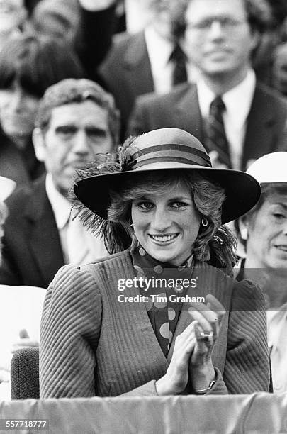 Princess Diana of Wales clapping at an event, in Edmonton, Canada, circa 1985.