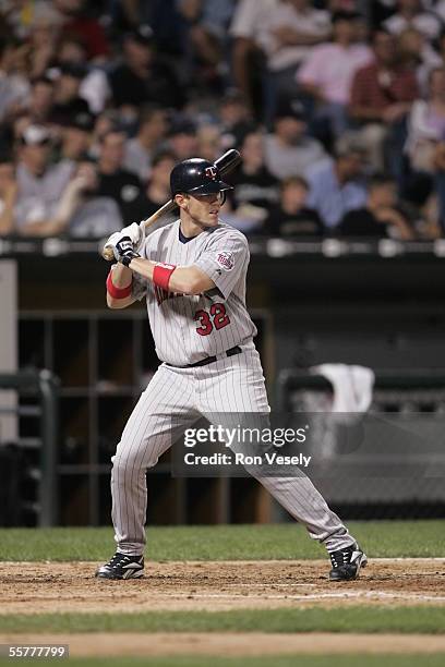 Terry Tiffee of the Minnesota Twins bats during the game against the Chicago White Sox at U.S. Cellular Field on August 17, 2005 in Chicago,...