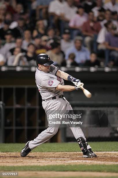 Mike Redmond of the Minnesota Twins bats during the game against the Chicago White Sox at U.S. Cellular Field on August 17, 2005 in Chicago,...
