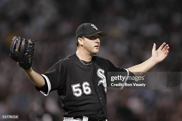Mark Buehrle of the Chicago White Sox gestures during the game against the Minnesota Twins at U.S. Cellular Field on August 17, 2005 in Chicago,...