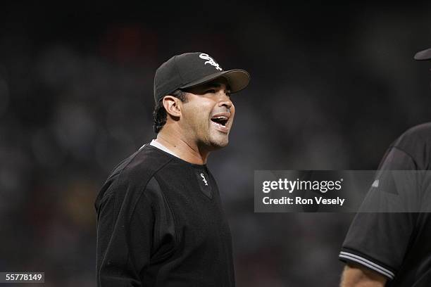 Manager Ozzie Guillen of the Chicago White Sox argues during the game against the Minnesota Twins at U.S. Cellular Field on August 17, 2005 in...