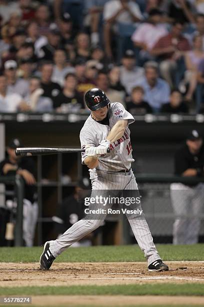 Brent Abernathy of the Minnesota Twins bats during the game against the Chicago White Sox at U.S. Cellular Field on August 17, 2005 in Chicago,...