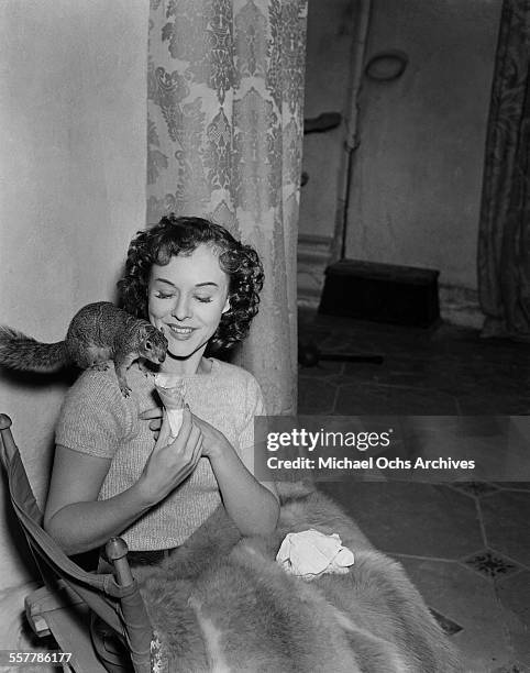 Actress Paulette Goddard feeds a squirrel ice cream in Los Angeles, California.