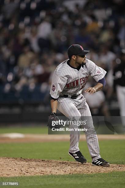 Johan Santana of the Chicago White Sox pitches during the game against the Minnesota Twins at U.S. Cellular Field on August 17, 2005 in Chicago,...