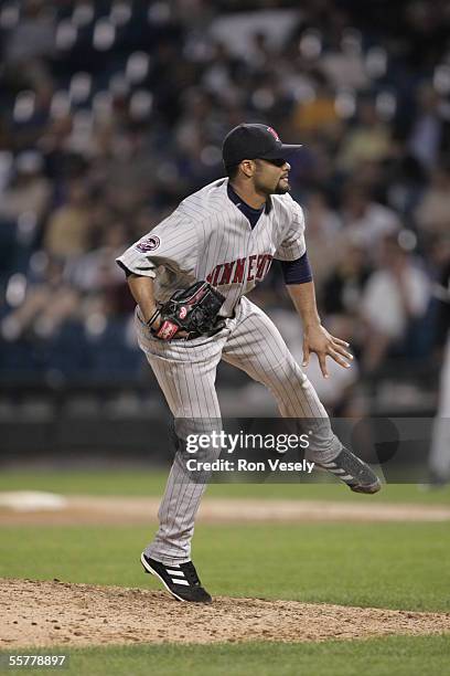 Johan Santana of the Chicago White Sox pitches during the game against the Minnesota Twins at U.S. Cellular Field on August 17, 2005 in Chicago,...