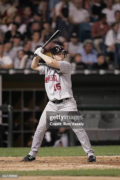 Brent Abernathy of the Minnesota Twins bats during the game against the Chicago White Sox at U.S. Cellular Field on August 17, 2005 in Chicago,...