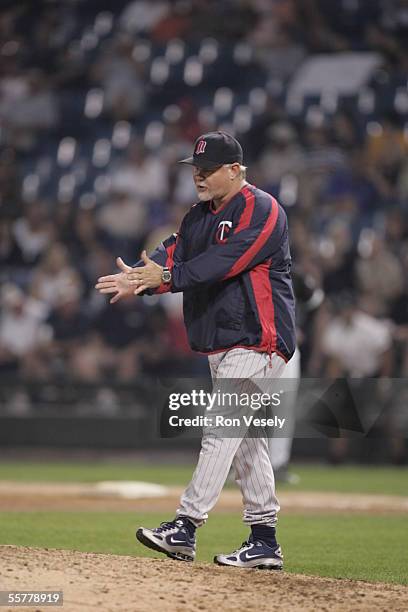 Manager Ron Gardenhire of the Minnesota Twins is pictured during the game against the Chicago White Sox at U.S. Cellular Field on August 17, 2005 in...