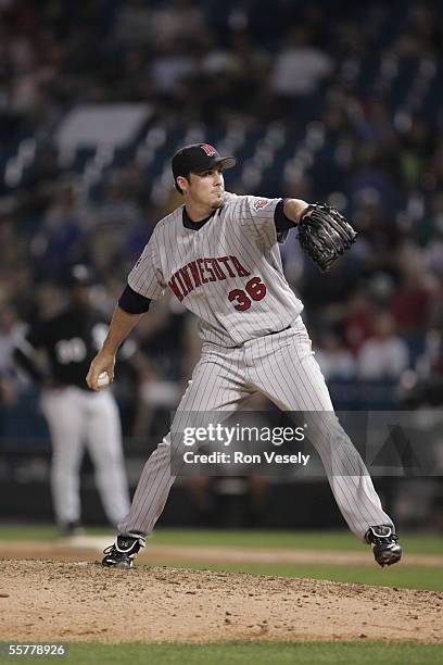 Joe Nathan of the Minnesota Twins pitches during the game against the Chicago White Sox at U.S. Cellular Field on August 17, 2005 in Chicago,...