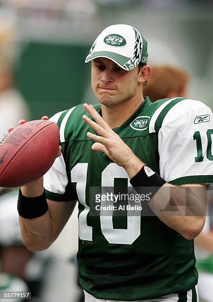 Chad Pennington of the New York Jets stands dejected on the sideline during the game with the Jacksonville Jaguars on September 25, 2005 at Giants...