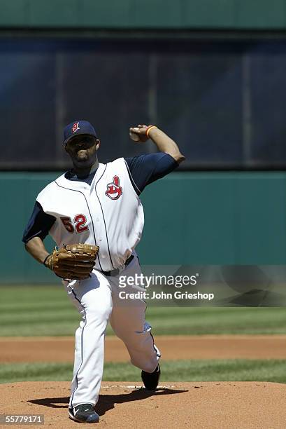 Sabathia of the Cleveland Indians pitches during the game against the Baltimore Orioles at Jacobs Field on August 21, 2005 in Cleveland, Ohio. The...