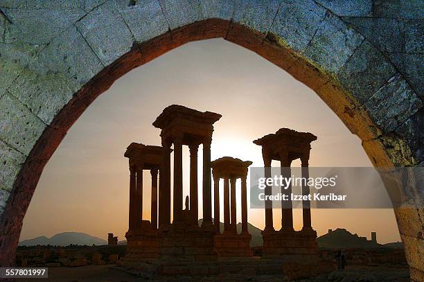 palmyra tetrapylone, syria - palmera stockfoto's en -beelden