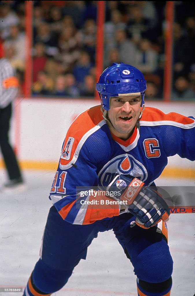 Alex Messier Canadian hockey player Mark Messier of the Edmonton Oilers shows off ...