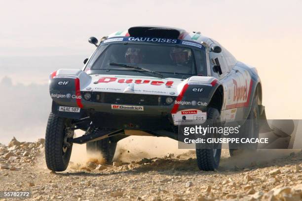 The Volkswagen Buggy Tdi of Belgian pilot Stephane Henrard and his French navigator Antonia De Roissard is seen in action during the second stage of...