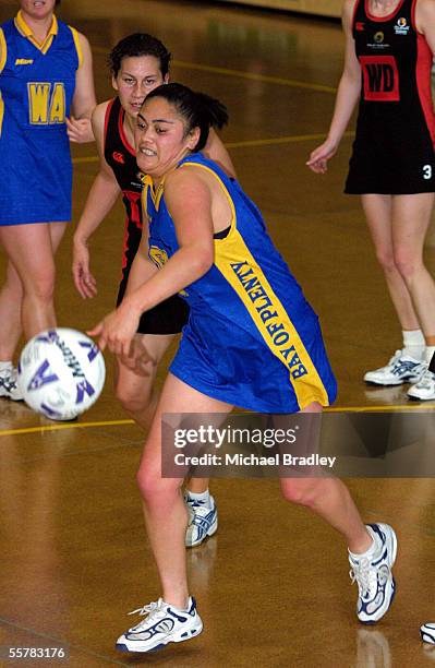 Adrian Herbert from Bay of Plenty chases the loose ball against Waikato during their clash in the Netball regions NPC Smokefree champs played at...