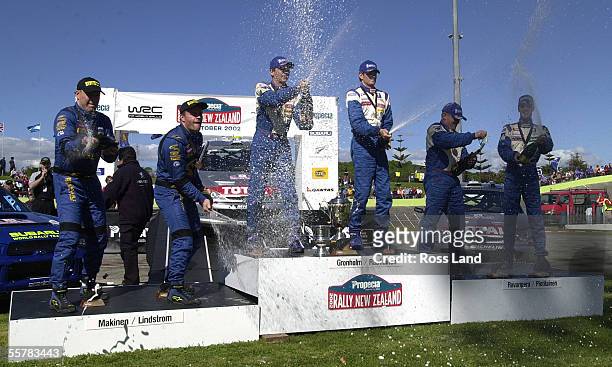 Propecia Rally New Zealand winner Marcus Gronholm and codriver Timo Rautiainen celebrate their win at the official finish ceremony in the Manukau...