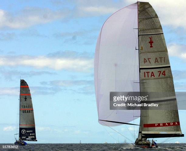 American challengers OneWorld try to get another spinaker up after breaking the last one in the race with Italy's Luna Rossa of the Prada challenge...