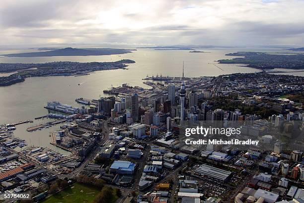 Aerial view showing the Auckland city central business district, the Sky City Tower, Rangitoto and Waitemata Harbour, Thursday.