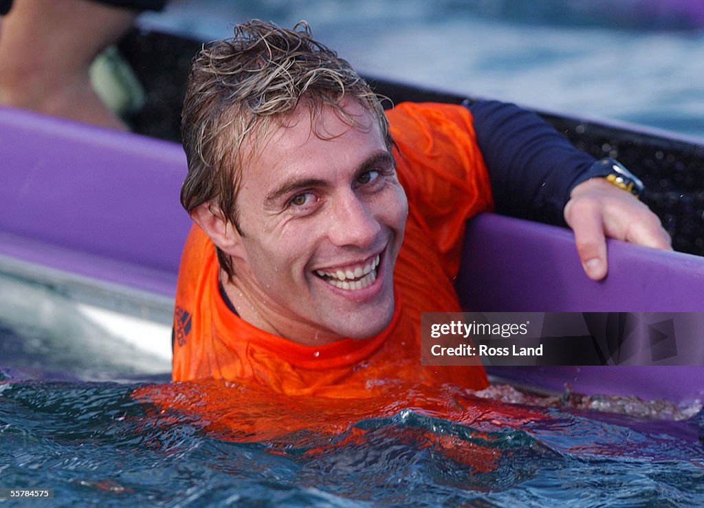 All Black Justin Marshall enjoys a dip after his c