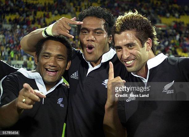 Amasio Valance , Tafai Ioasa and Karl Te Nana pose for the camera win over England in the final of the New Zealand International sevens rugby...
