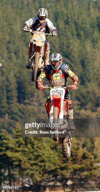 Barry Hogg, Te Puke takes the double jump in the Pelorus Trust 250cc event at the New Zealand National Motocross Series at Trentham Racecourse,...