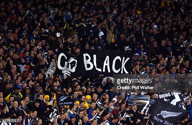All Black supporters in the crowd at Eden Park before the Bledisloe Cup match between the Wallabies. The All Blacks won the game 2117 to take the...