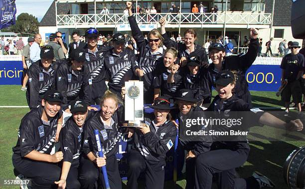 The New Zealand Womens Cricket celebrate their win in the Cricinfo World Cup final against Australia at the BIL Oval in Lincoln.New Zealand won by 4...