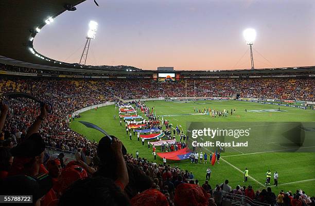 Dancers entertain the crowd during the parade of nations at the first round match at the New Zealand International sevens rugby tournament at the...