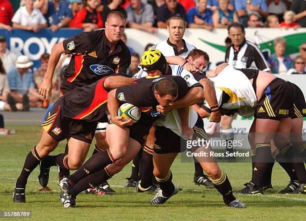 Chiefs Paul Miller on the charge against the Hurricanes in a pre season Super 12 Rugby game at the Levin Domain, Friday. The Chiefs won 2015.