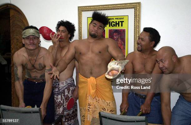 David Tua and middleweight boxer Maselino Masoe perform the Traditional Samoan drums of war, with Mike Masoe , Sunny Gasu and Paulo Fuimaona at the...