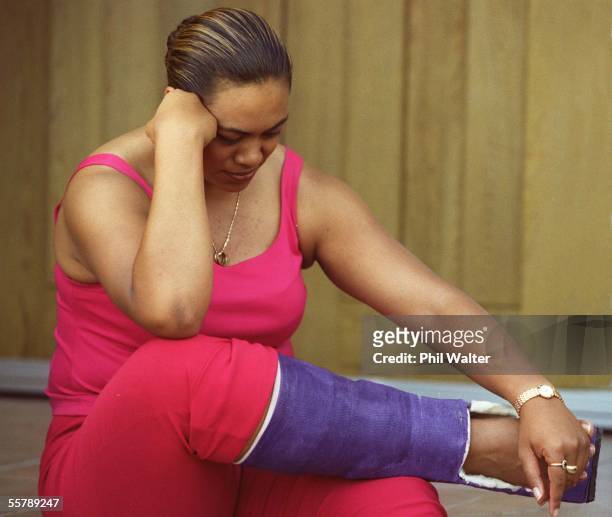 Beatrice Faumuina relaxing at her home in Glendene after an injury to her achilles tendon prevents her from training.