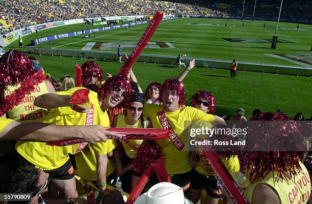 Fans in the "Red Zone" enjoy the atmosphere during the first round matches at the New Zealand International sevens rugby tournament at the Westpac...