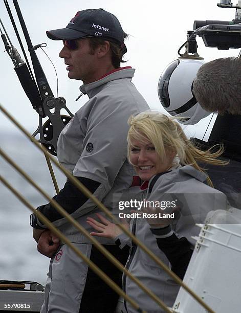 Ernesto Bertarelli and his wife Kirsty aboard SUI64 shortly after race four of the America's Cup was abandoned due to shifty conditions on Auckland's...