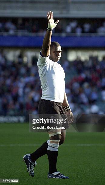 Fijian winger Rupeni Caucau thanks the crowd as his team bow out of the tournament following their 2220 loss to Scotland in the Rugby World Cup 2003...