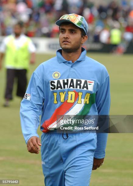 India's captain Sourav Ganguly leaves the field after his team were beaten by the New Zealand Black Caps by seven wickets in the fourth one day...