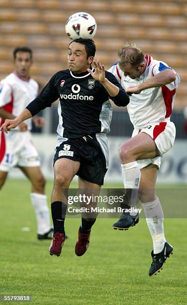 Kingz Patricio Almendra and Newcastle Uniteds Scott Baillie compete for the ball during the NSL soccer match between the Football Kingz and Newcastle...