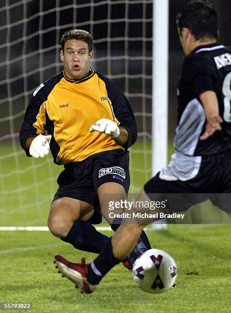 Kingz Patricio Almendra looks to shoot at Newcastle Uniteds goal keeper Daniel Beltrame during the NSL soccer match between the Football Kingz and...