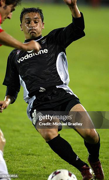 Kingz Patricio Almendra flies in for a tackle during the NSL soccer match between the Football Kingz and the Wollongong Wolves played at Ericsson...