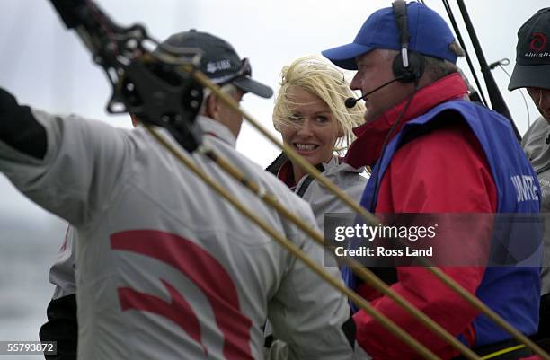 Kirsty Bertirelli, wife of Ernesto Bertarelli Alinghi syndicate abourd SUI64 shortly after race four of the America's Cup was abandoned due to shifty...