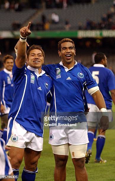 Mahonri Schwalger and Kitioni Viliamu thank the Samoan fans in the crowd following their sides 3522 loss to England in their sides the Pool C Rugby...