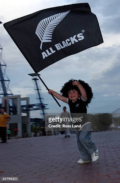 Liam Tierney of Mt Roskill, Auckland cheers for the new Zealand team in Sydney as the All Blacks play their Rugby World Cup 2003 third and fourth...