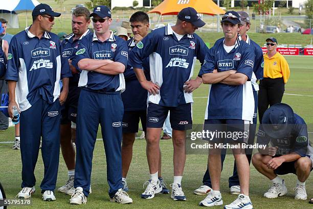 Members of the Auckland Aces look dejected after the Northern Knights beat the Auckland Aces by 3 wickets in the Final of the State Shield one day...